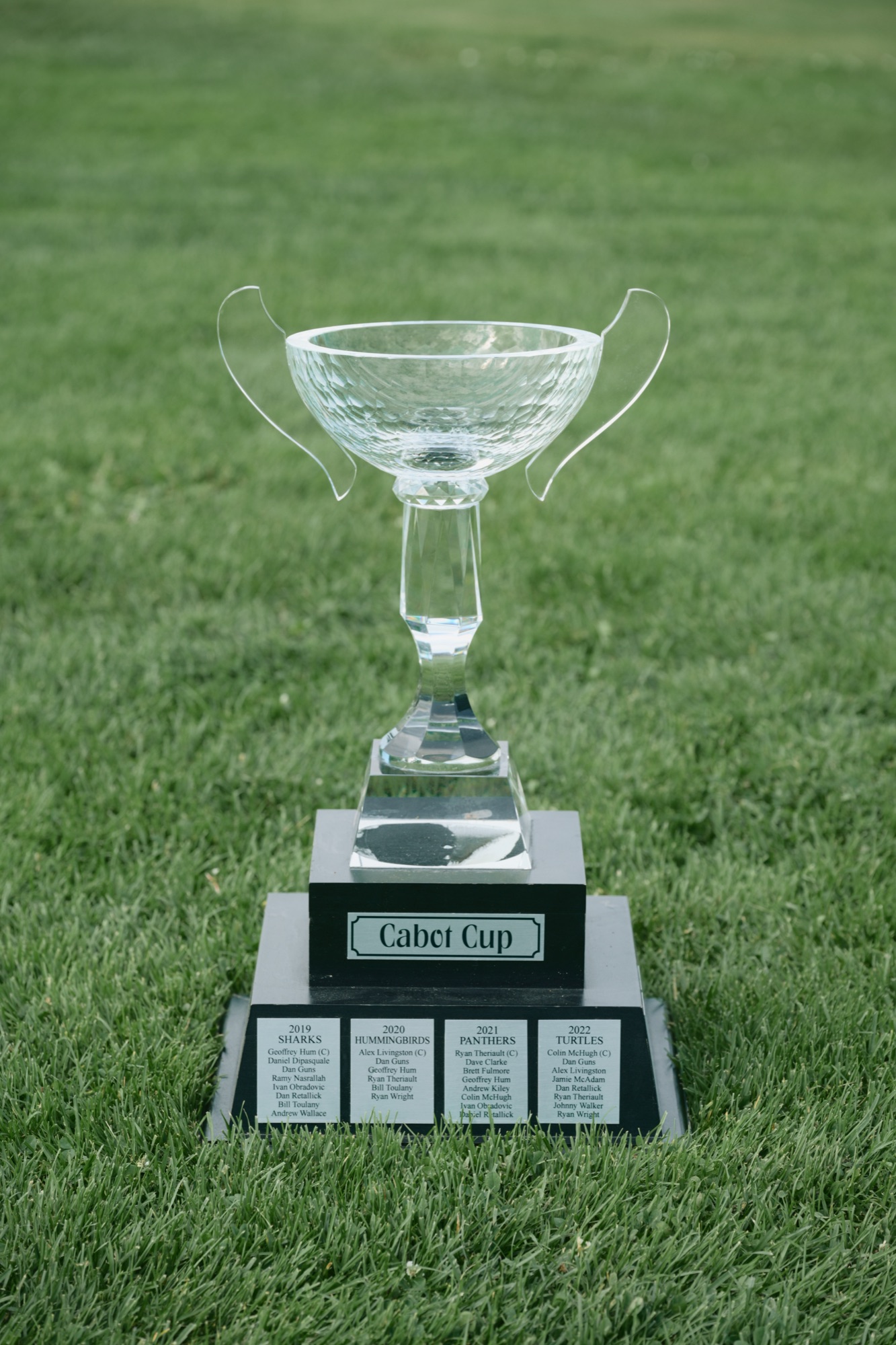 The Cabot Cup trophy standing on the grass