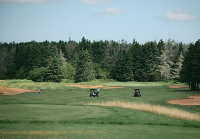 Two carts crossing a wide fairway lined with spruce